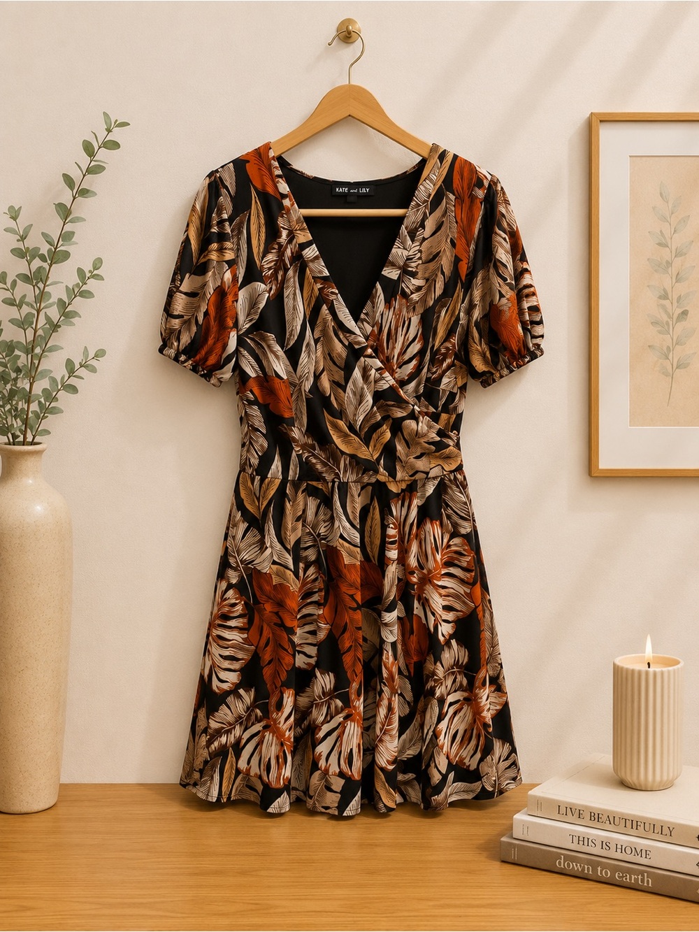Black Tropical Wrap Dress with Rust Leaf Print